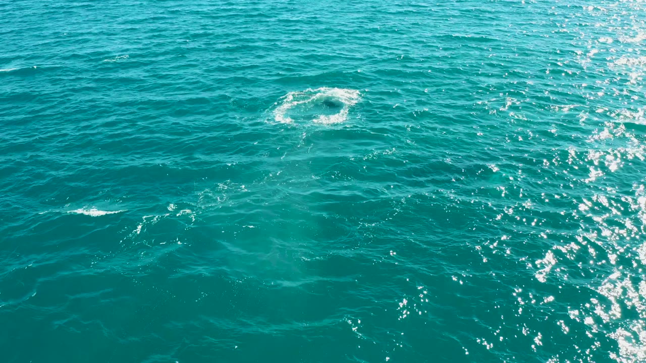 A small white circular splash appears near the upper left over turquoise ocean water at El Tule Los Cabos, with bright sun reflection to the right and no visible people.