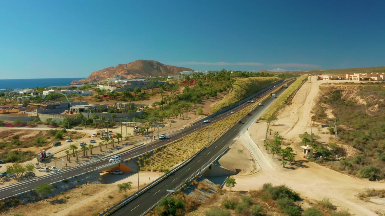 Aerial view in Chileno Beach Los Cabos with cars moving along a divided road, a palm-lined area beside it, dry hillside terrain, the ocean horizon, and no visible people.