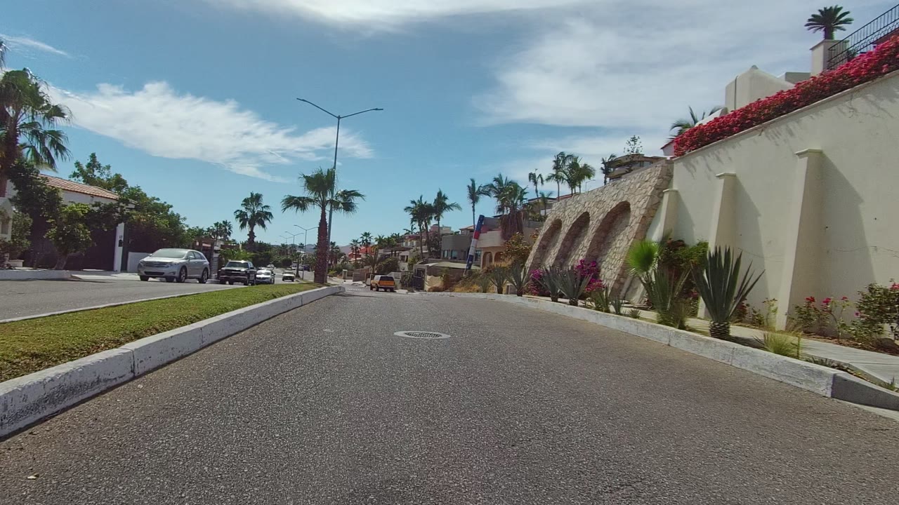 Forward road-level view in East Cape Los Cabos, Mexico, showing a paved residential street, palms, an arched stone and stucco wall, parked cars, flowering shrubs, blue sky, and no visible people.
