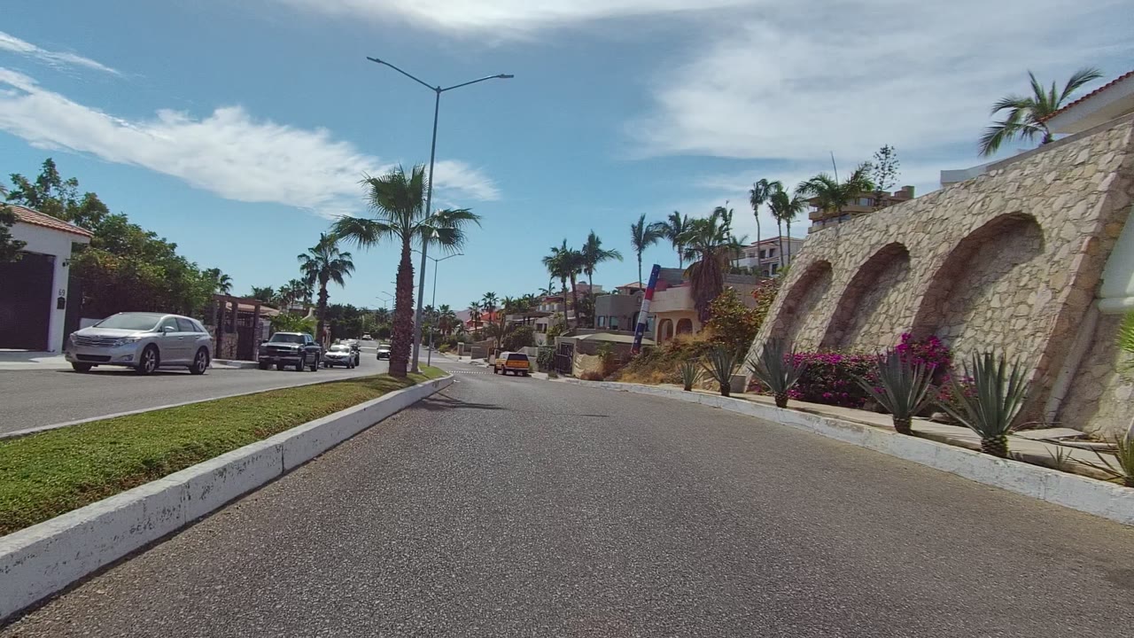 Residential street curving past palms, villas, parked cars, and landscaped walls