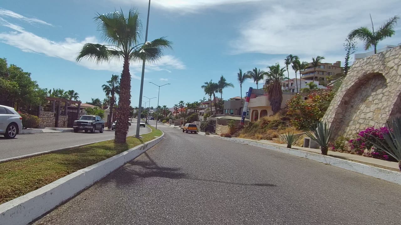 Road-level frame in East Cape Los Cabos with a palm trunk near the curb, arched stone wall and villa entrance at right, parked cars along the street, scattered clouds, and no visible people.