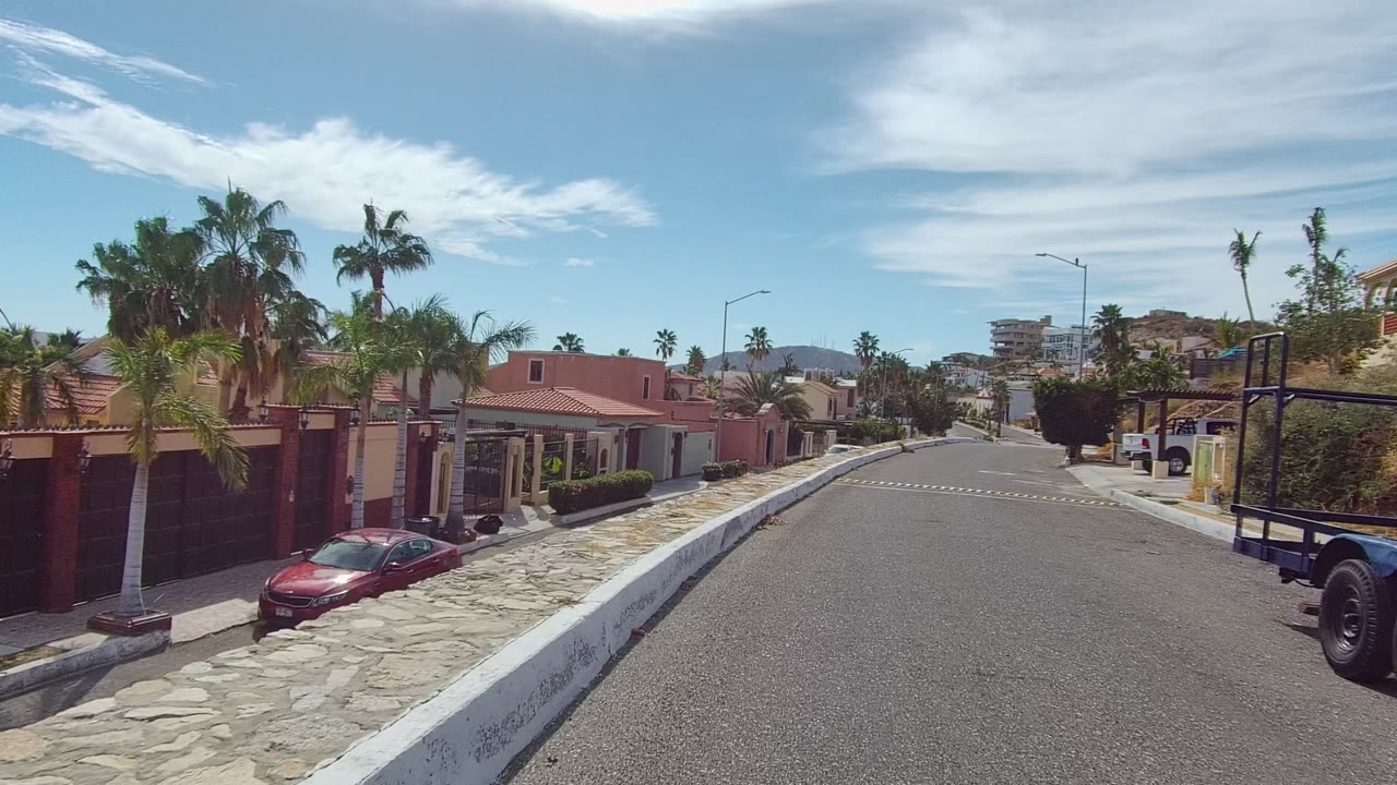 Forward view down a residential road with palms, pink walls, parked cars, and distant buildings.