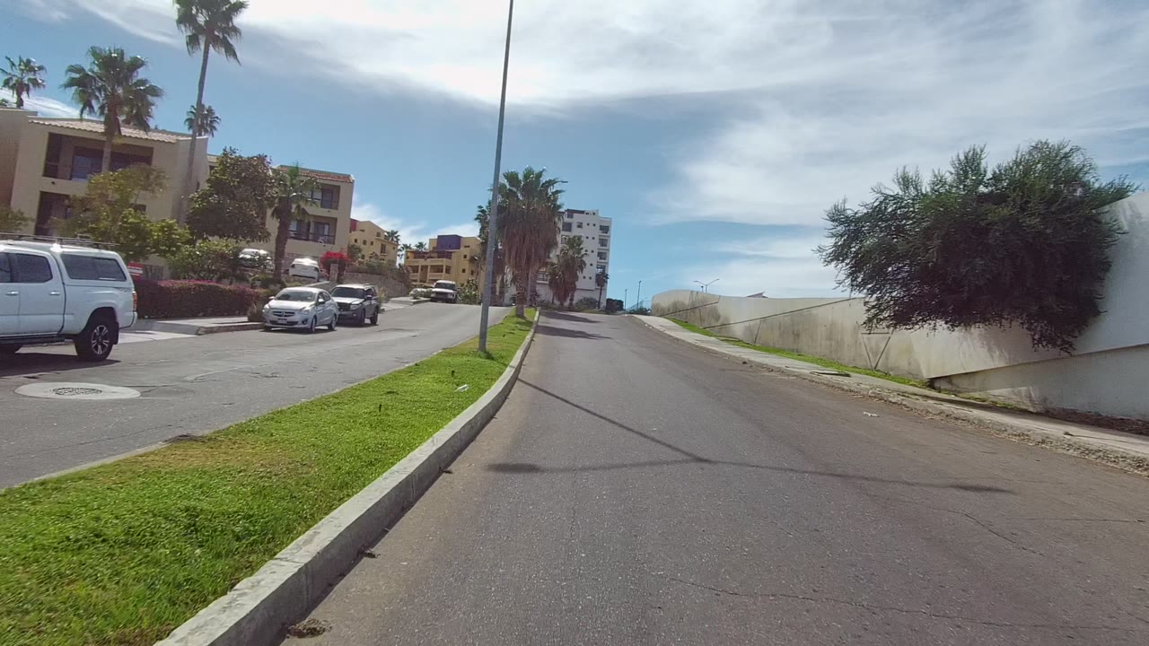 Road beside grass strip, parked SUV, palm trees, and apartment buildings.