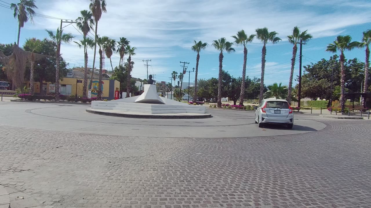 White car rounding a circular plaza with palms and buildings behind it.