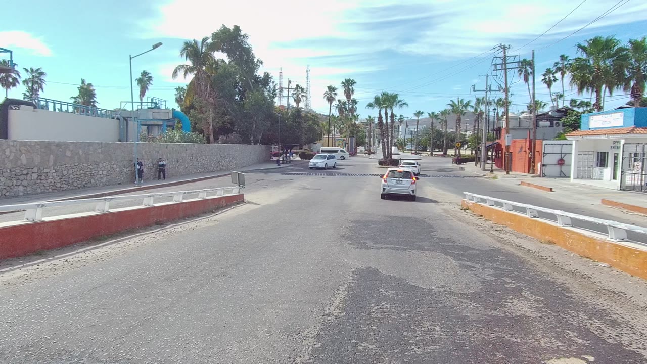Urban street with a white car ahead, palm trees, stone wall, and red-orange buildings.