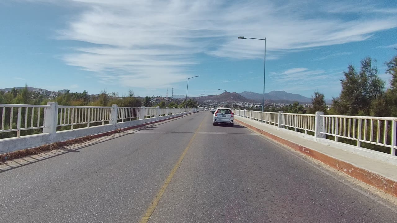 Bridge roadway with a white car ahead, white railings, streetlights, trees, and mountains.
