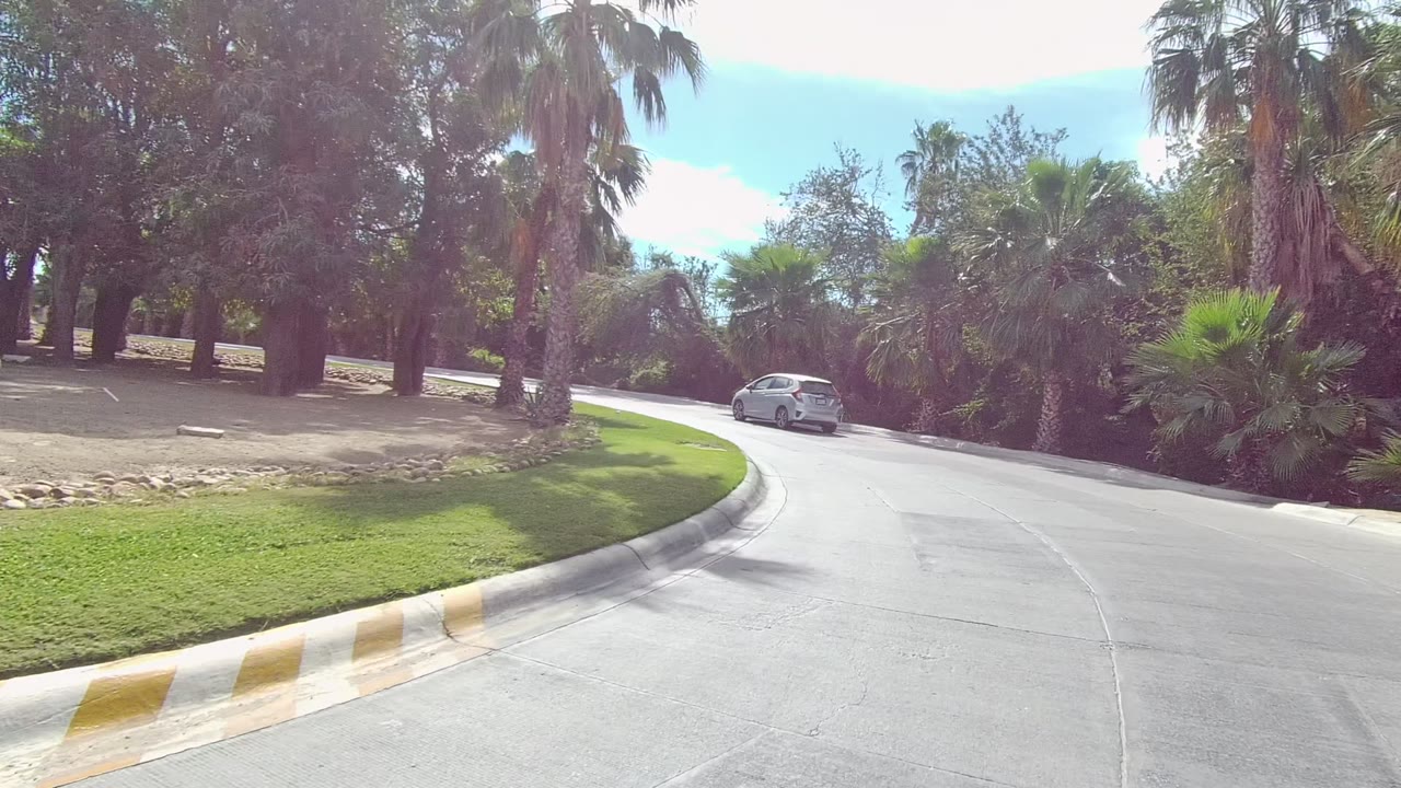 The white car continues around a broad curve in East Cape Los Cabos, bordered by trimmed grass, palms, dense vegetation, and no visible people.