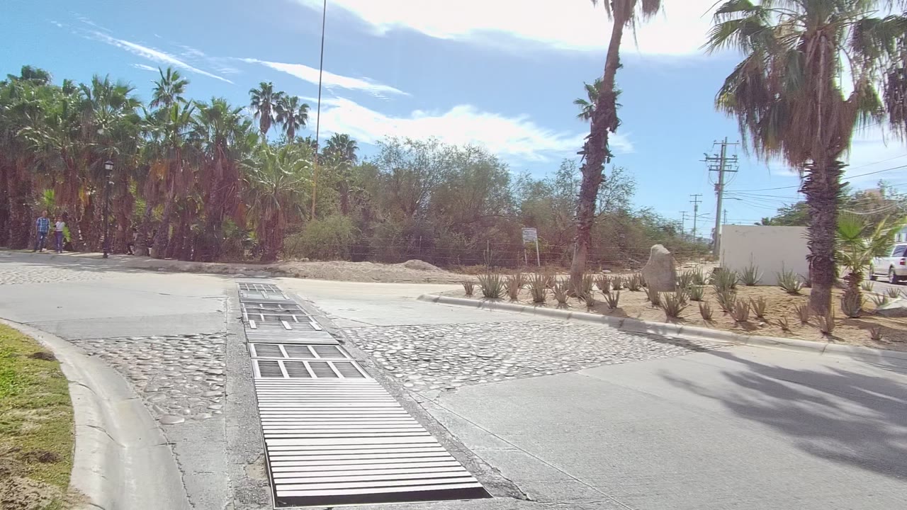 Forward road view in Los Cabos with metal drainage grates and cobblestone paving in the foreground, palms and sandy landscaping ahead, and no visible people in this frame.