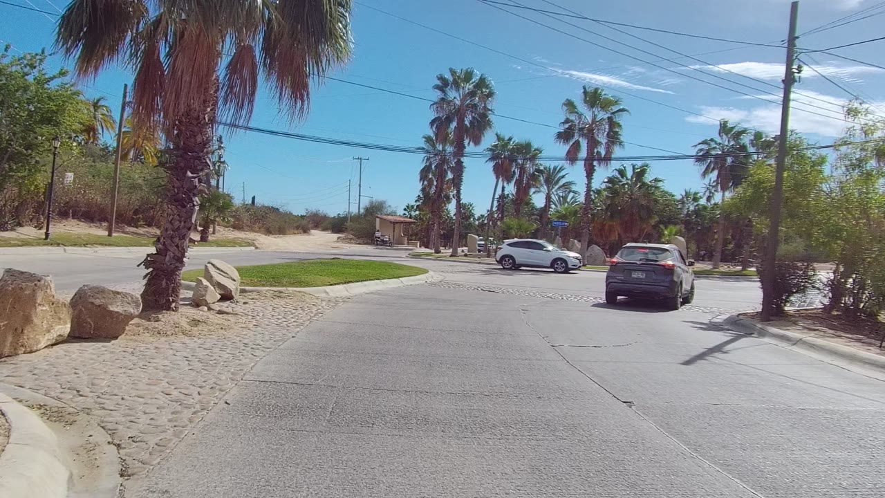 East Cape Los Cabos street scene with a broad road curve, palm trees, green grass patch, white car, dark car, and no visible people.
