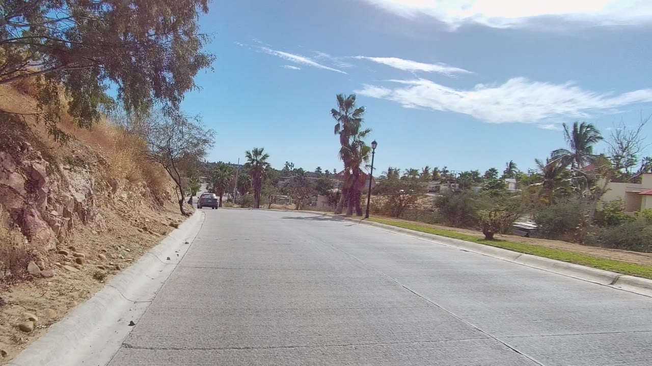 Forward road view in East Cape Los Cabos, Baja California Sur, with a dry cut bank on the left, palms on both sides, a dark car ahead, blue sky, and no visible people.