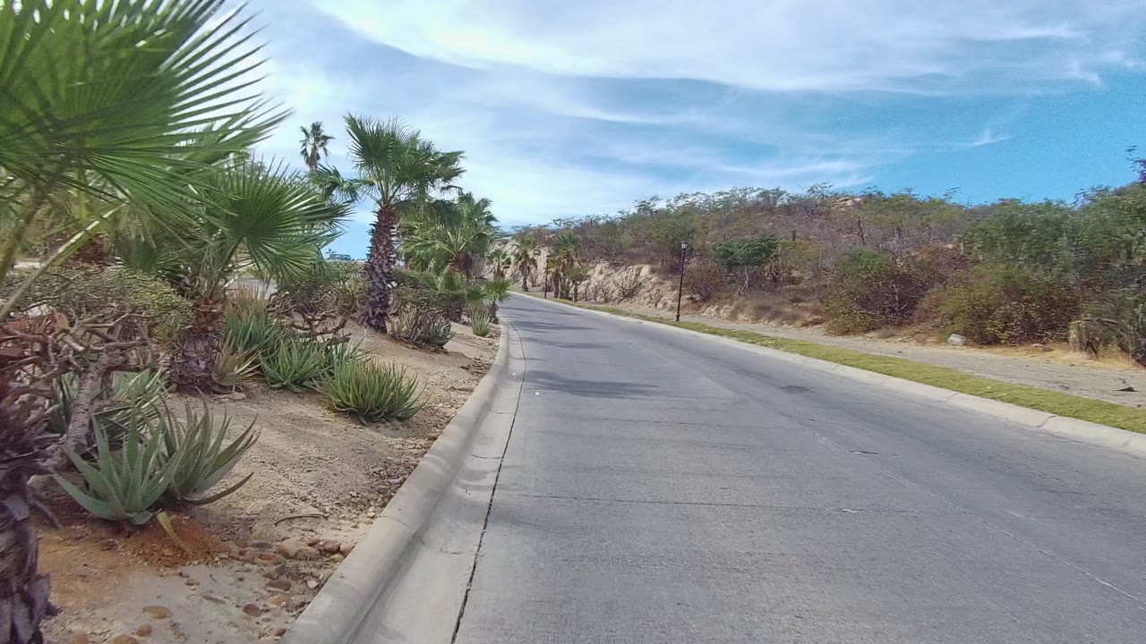 Start of the East Cape Los Cabos clip with a paved road, curb, palms, sandy soil, low desert plants, blue sky, thin clouds, and no visible people.
