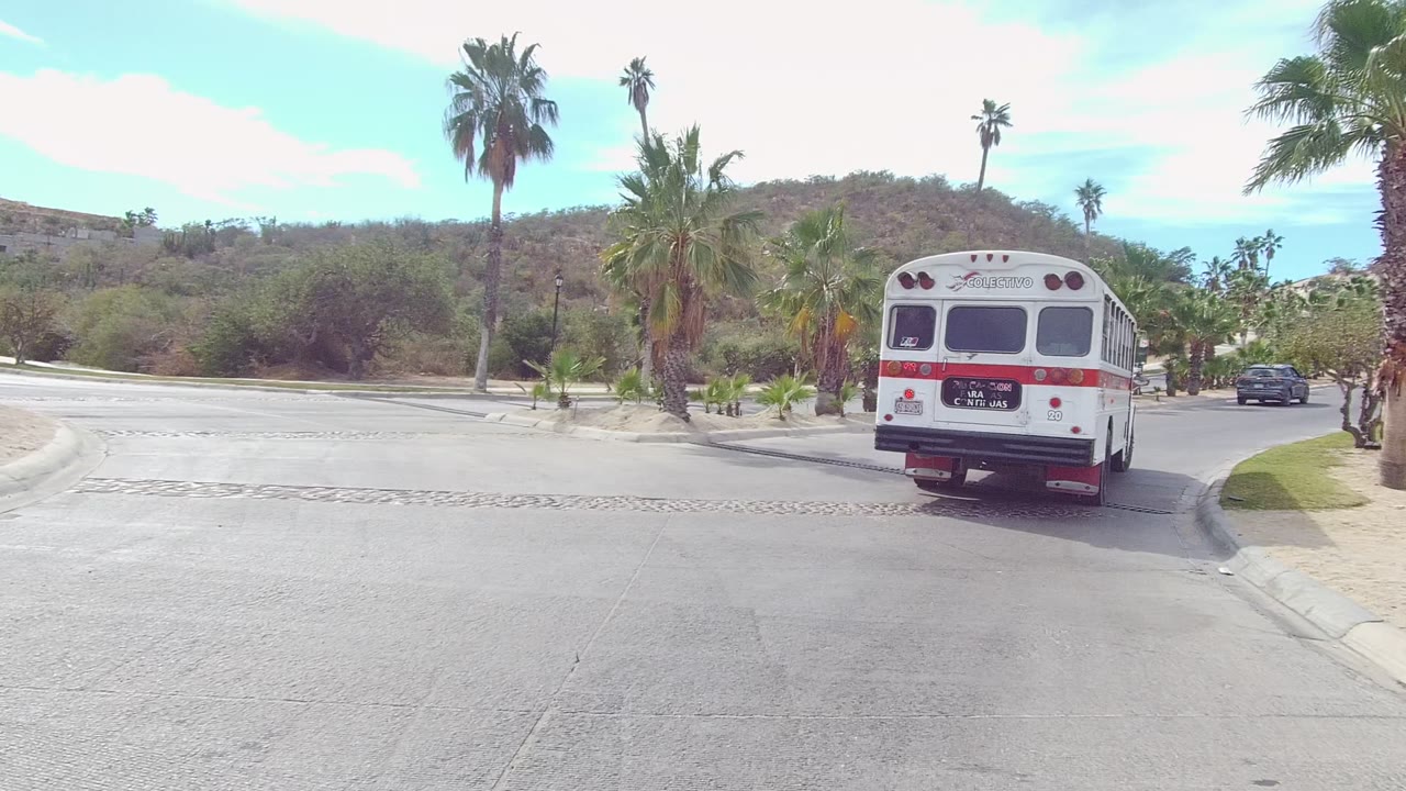 Bus continues along a road near palms, desert plants, and a passing car.