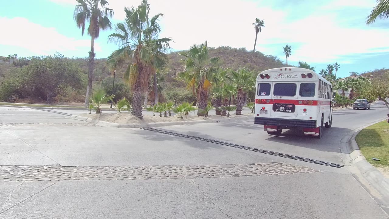 The bus shifts toward the right side of the East Cape Los Cabos roadway, with a drainage grate across the pavement, palms, dry scrub-covered hills, and no visible people.