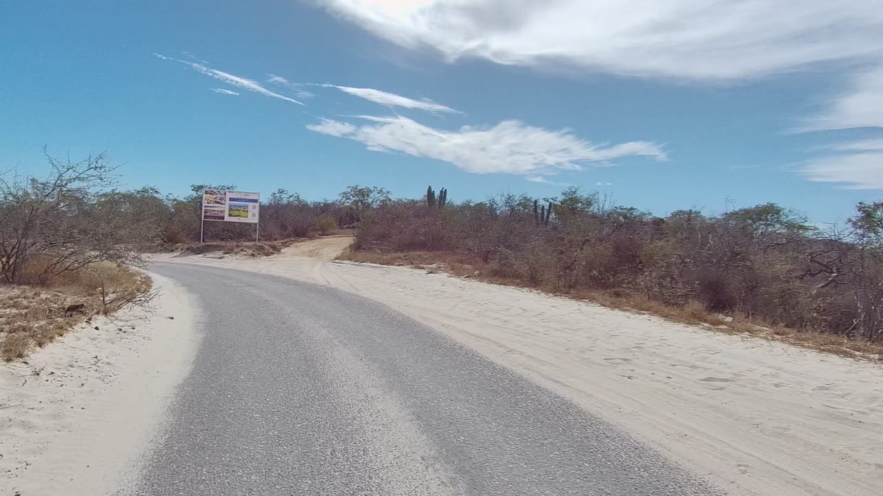 A paved road curves through sandy roadside terrain in East Cape Los Cabos, with dry brush, a billboard ahead, blue sky, thin clouds, and no visible people.