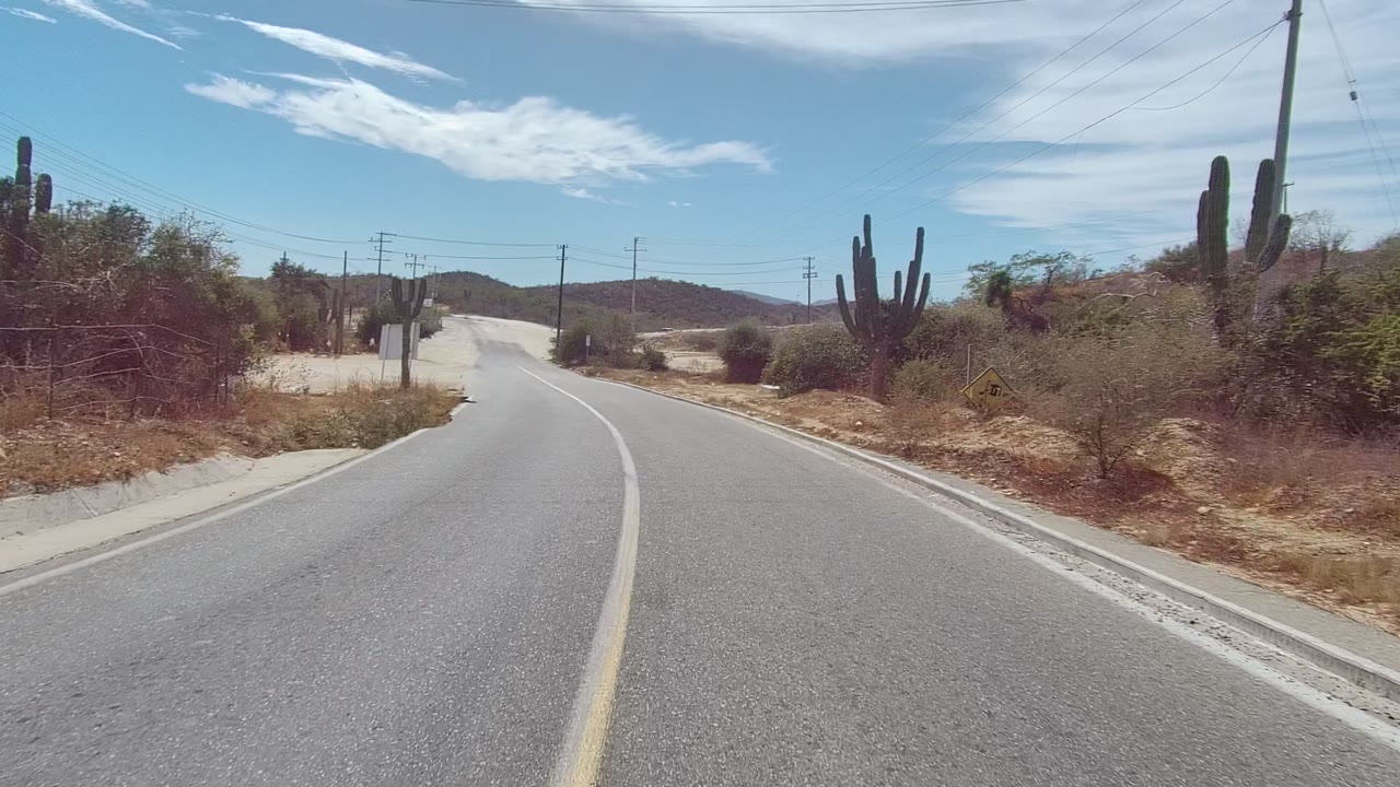 Forward road view with roadside cacti, dry brush, utility poles, and low hills.