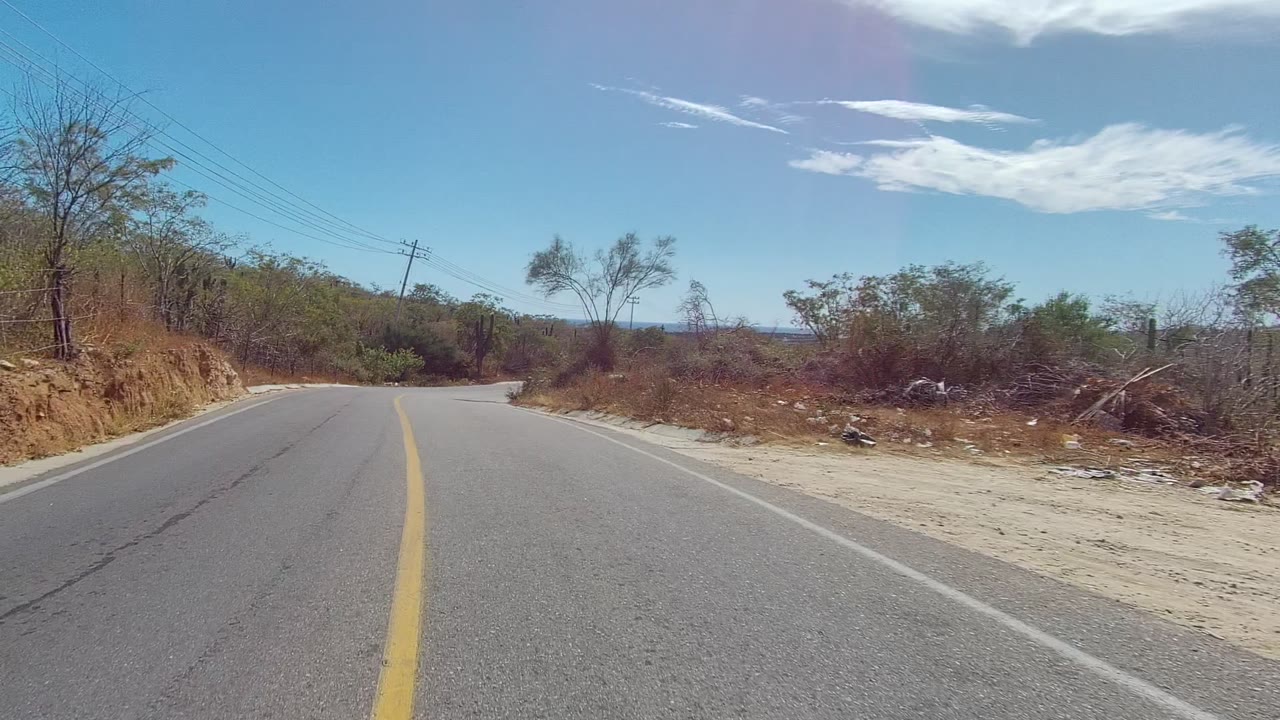 A road-level view in East Cape Los Cabos shows the curve passing a dry embankment, bare tree branches, low brush, distant hills, and no visible people.