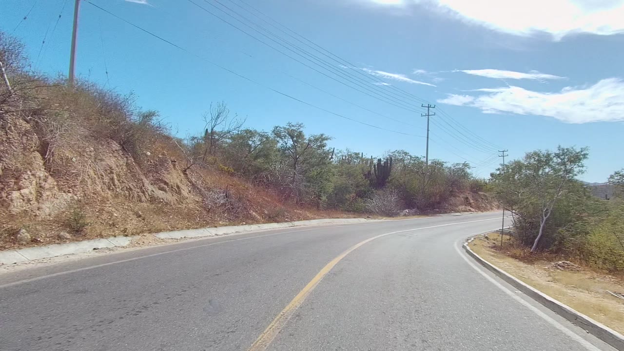 Road bending right beside a cut dirt bank with brush and power lines.