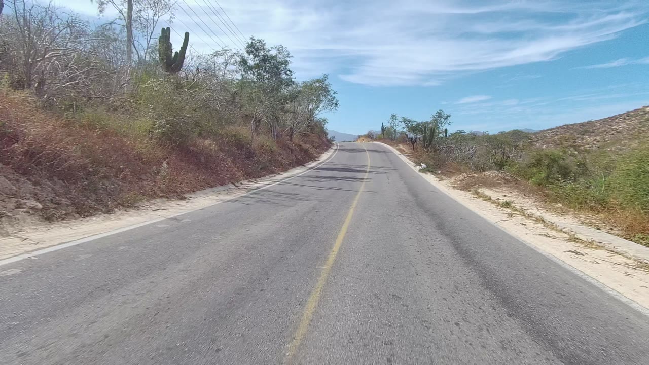 The East Cape Los Cabos road bends slightly through arid brush, with tall cactus shapes on the roadside, exposed sandy shoulders, low hills, wispy clouds, and no visible people.