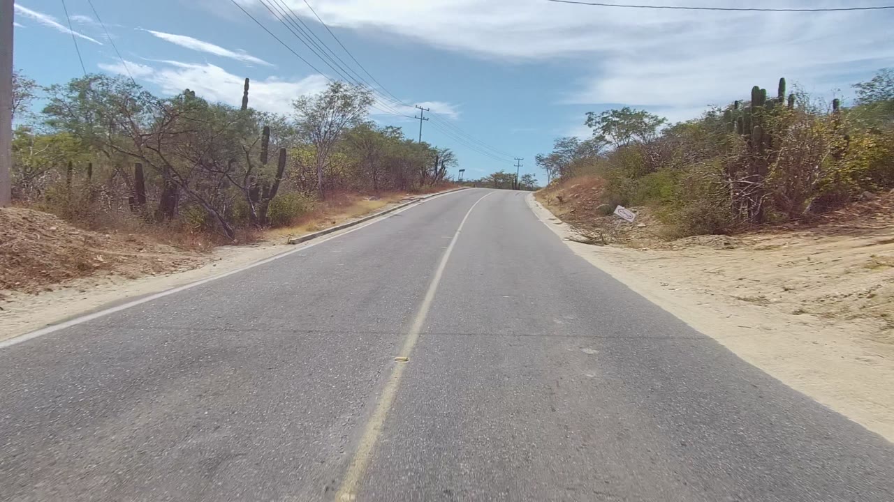 A paved road in East Cape Los Cabos, Baja California Sur, rises ahead through dry shrubs, cactus, small trees, utility wires, and a partly cloudy blue sky with no visible people.