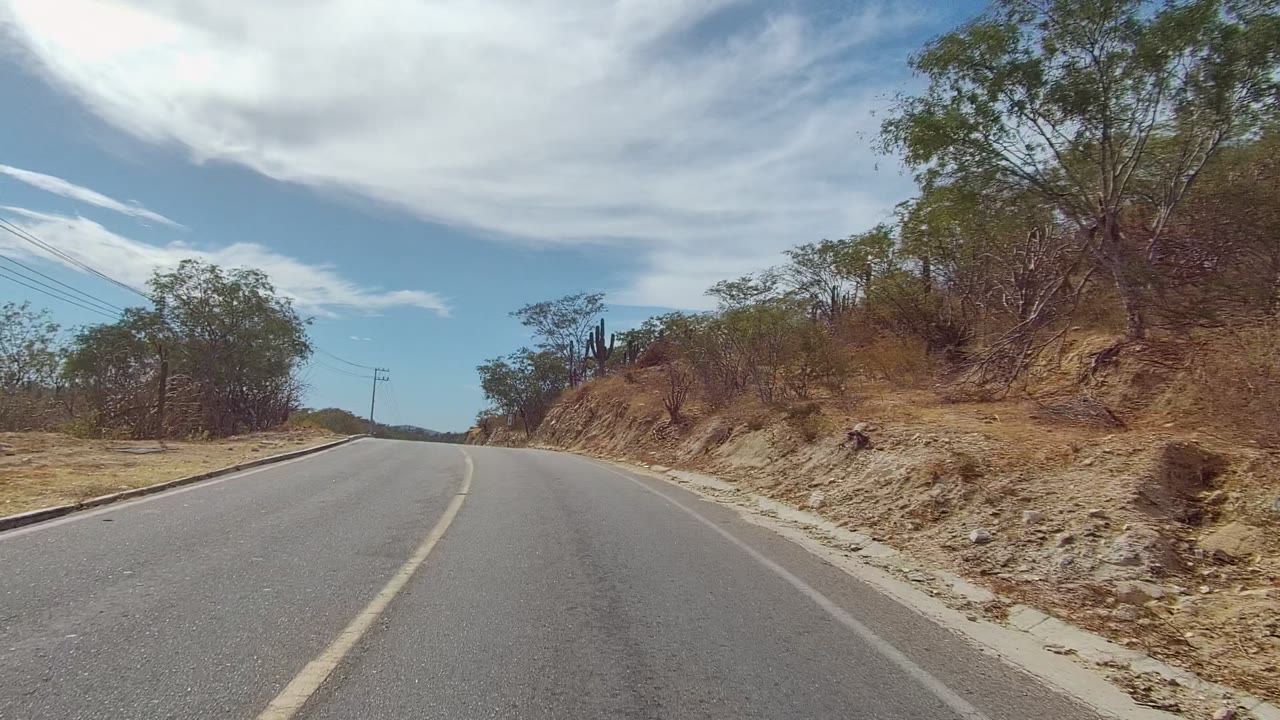 A road-level view in East Cape Los Cabos shows a two-lane paved road bending left beside dry hillside brush, scattered trees, power lines, blue sky, and no visible people.