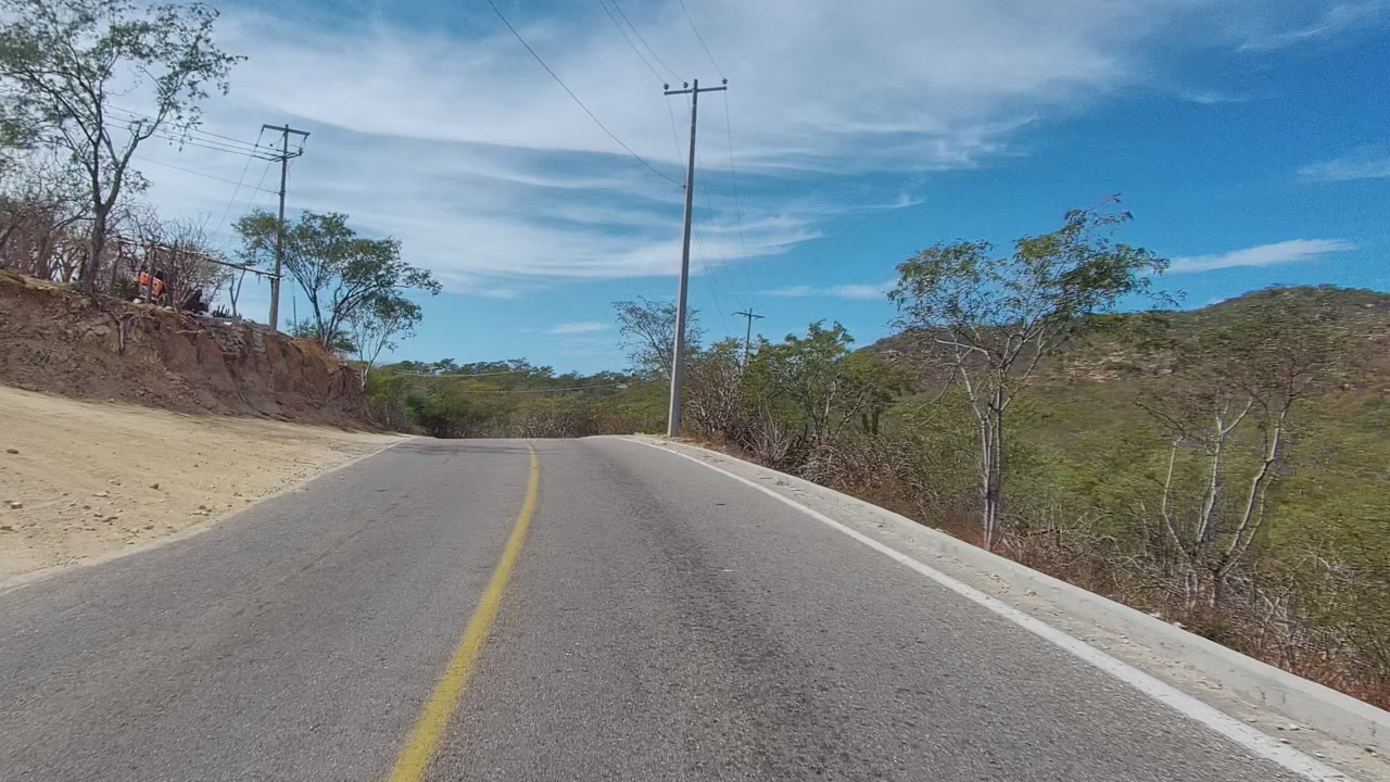 East Cape Los Cabos road bends past a sandy shoulder, dry trees, a raised rocky bank, utility poles, distant hills, and no visible people.