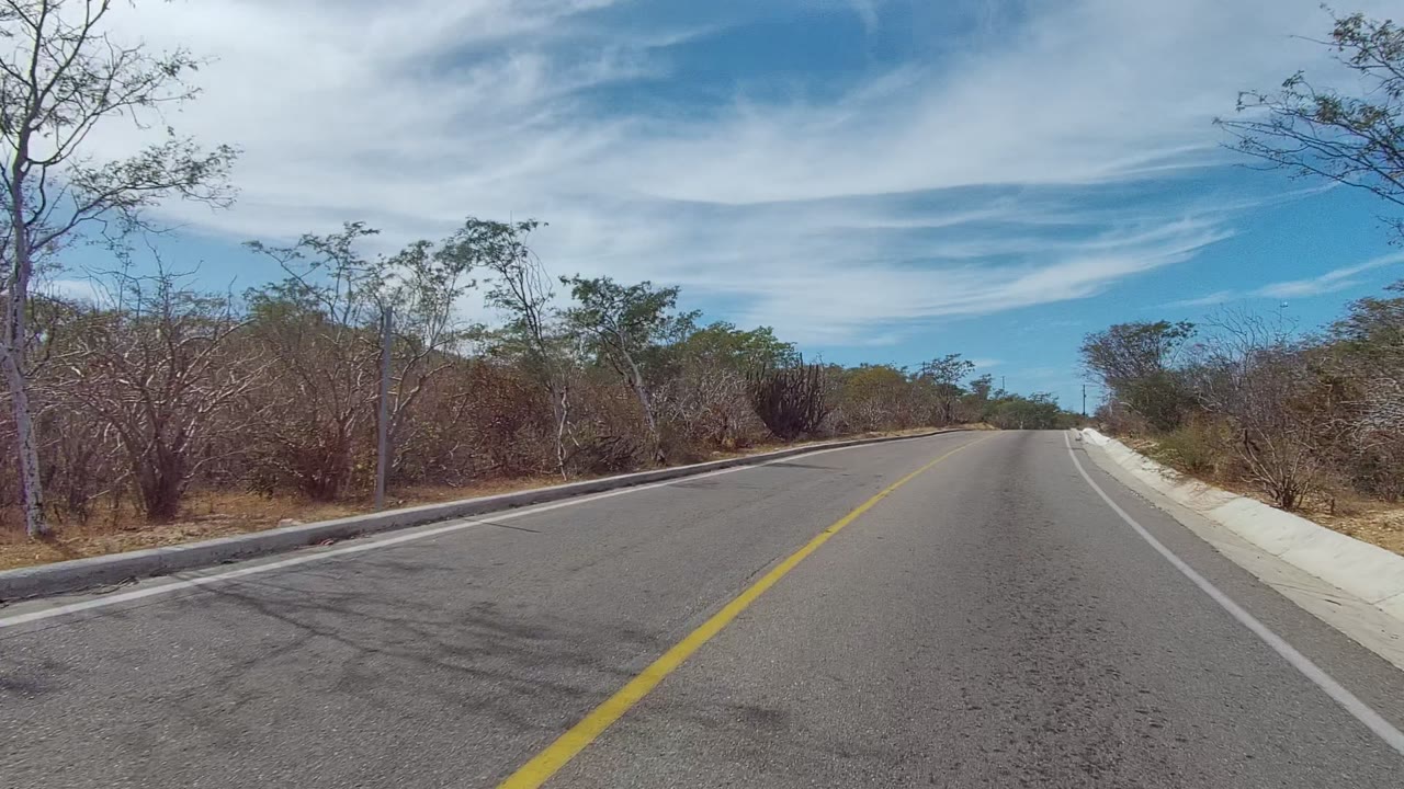 Forward view of a paved road in East Cape Los Cabos, Mexico, with a yellow center line, white road edge, dry trees and bushes, blue sky, and no visible people.