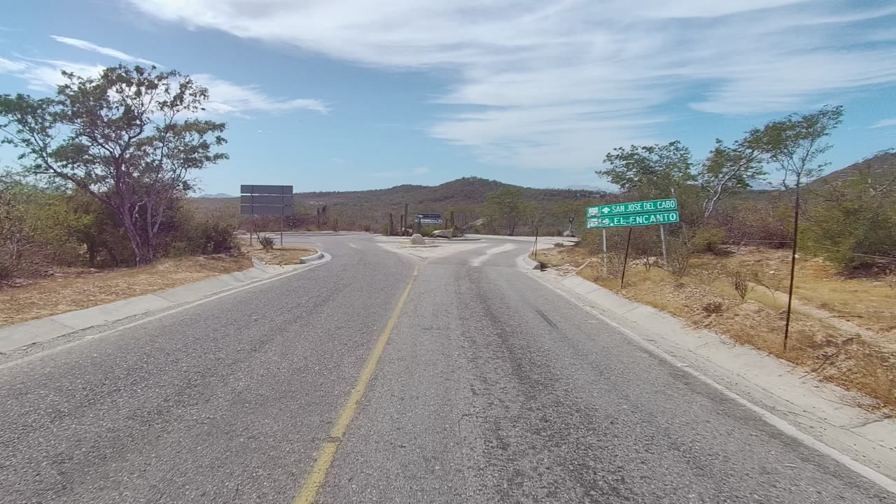 At the junction in East Cape Los Cabos, a blue left-arrow sign stands near sparse trees and scrub, with the paved road curving ahead and no visible people.