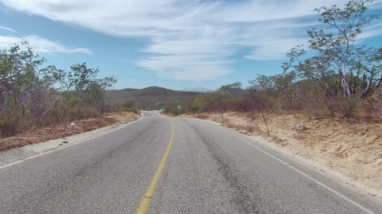 Forward road view with dry shrubs and small roadside rocks beside the pavement.
