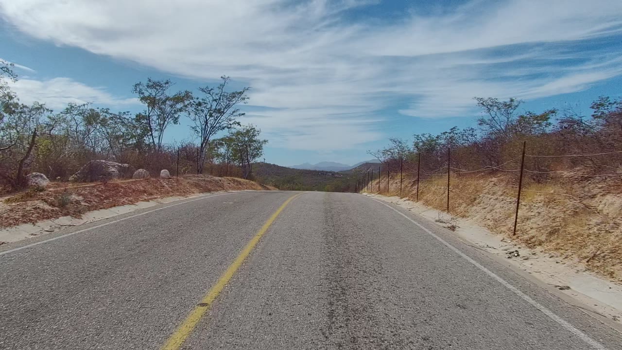Road curving gently past scrub and a roadside fence