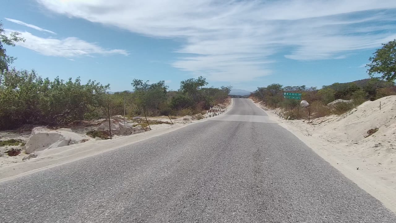 East Cape Los Cabos paved road stretches forward between sandy shoulders, low bushes, small trees, and streaked clouds, with no visible people.