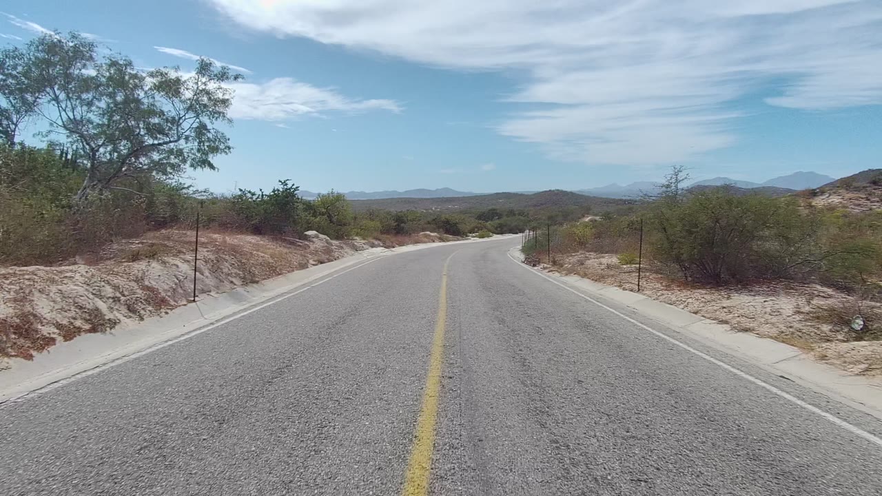 A curving paved road in East Cape Los Cabos, Baja California Sur passes desert brush, sandy ground, fence posts, and a small tree beneath thin white clouds, with no visible people.