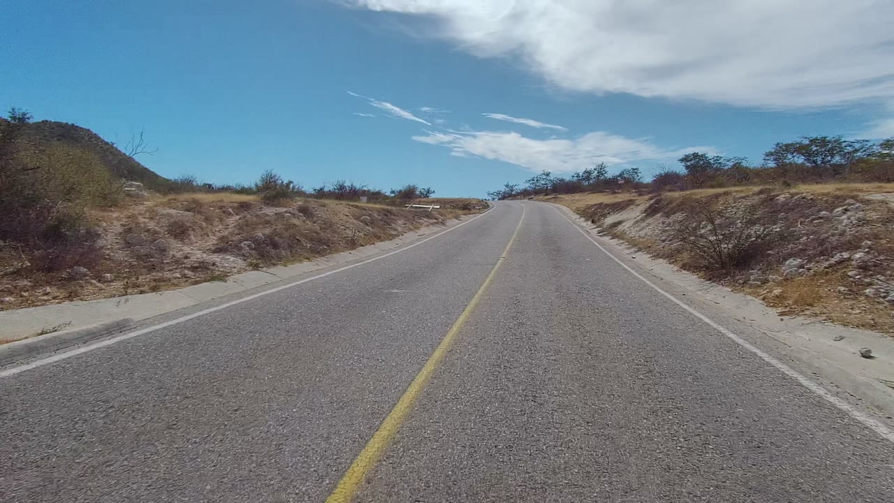 Paved road curving through dry roadside brush under a blue sky.