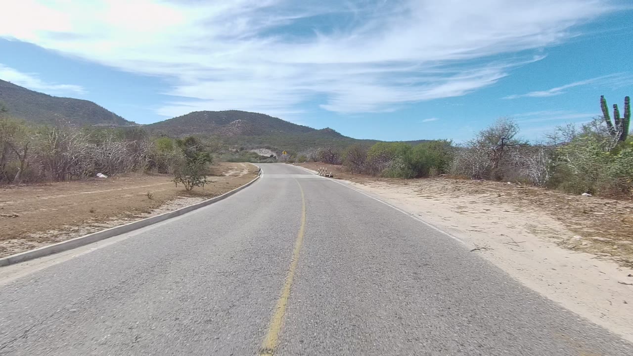 Paved road in East Cape Los Cabos curves through dry roadside scrub toward low mountains under a blue sky, with no visible people.