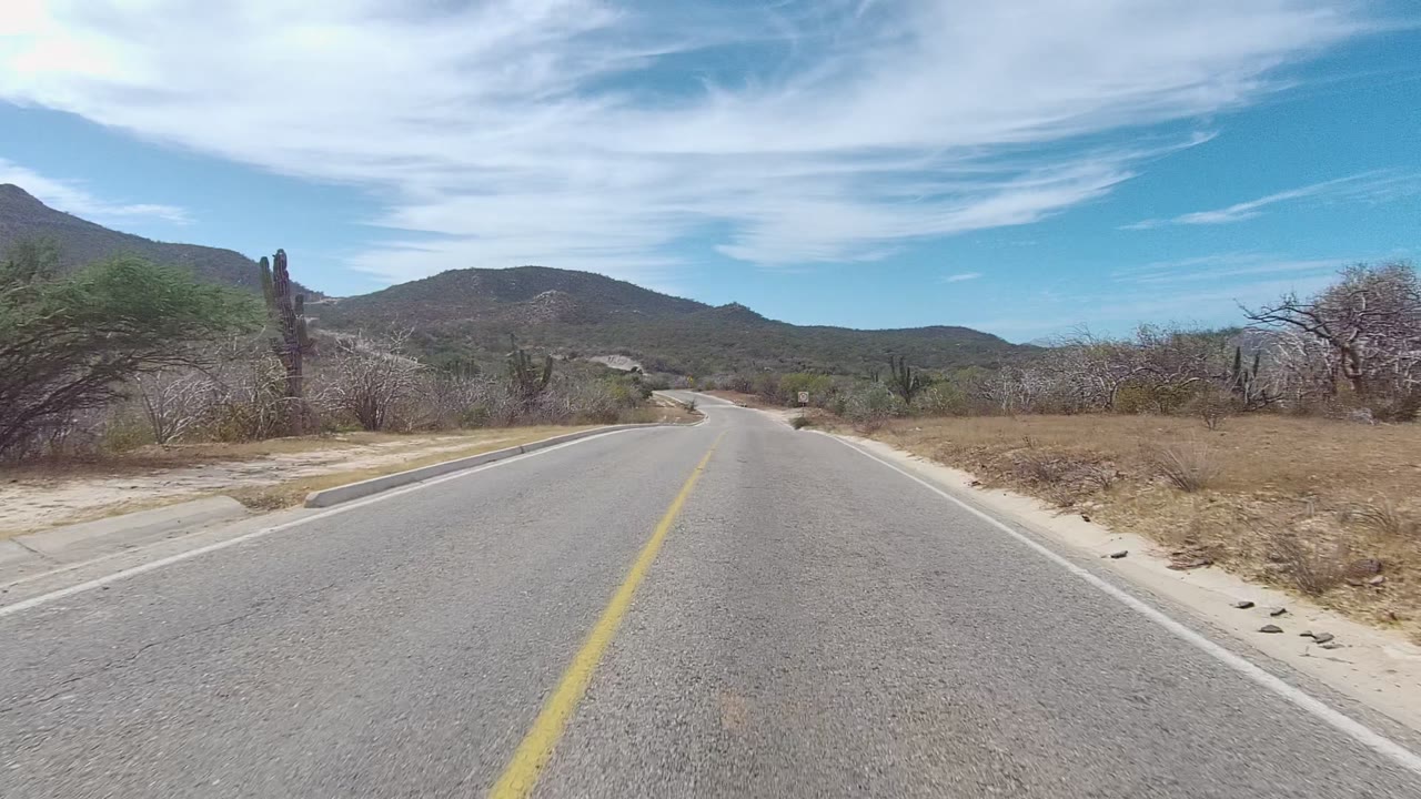 A paved road in East Cape Los Cabos continues past dry scrub and a tall cactus, with rounded mountains in the distance and no visible people.