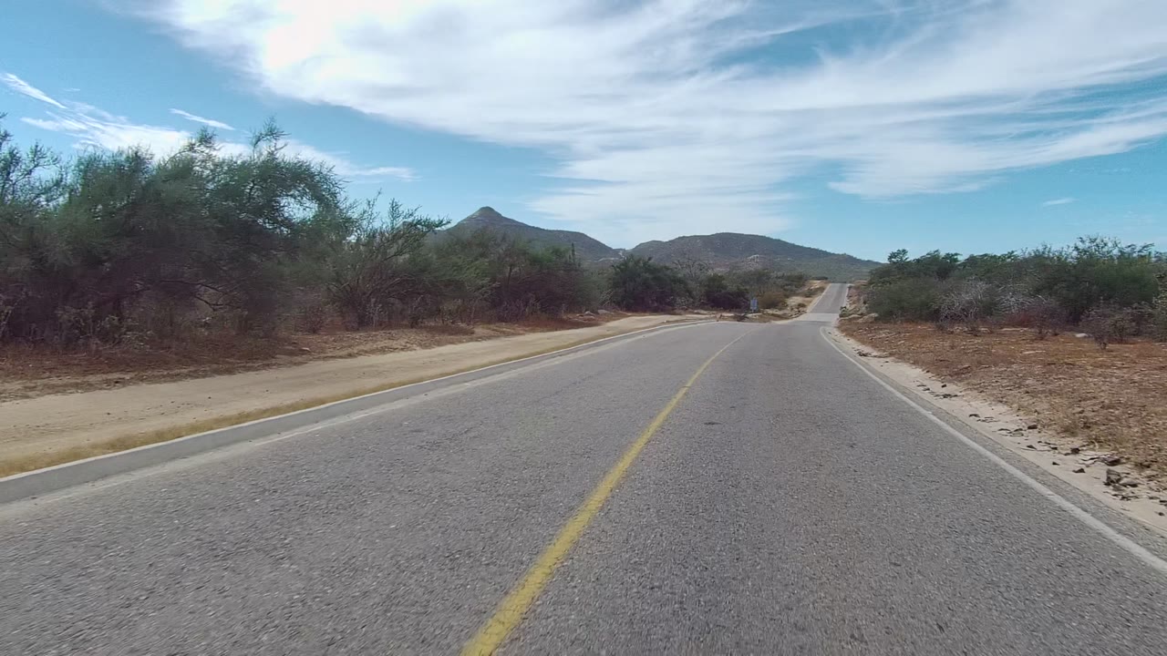 Road-level view past desert brush and cactus toward distant hills.