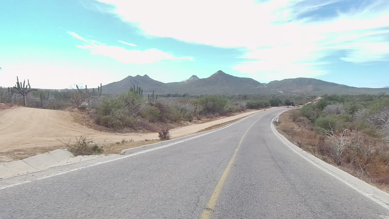Road-level frame in East Cape Los Cabos with a paved curve, cactus and scrub along the right shoulder, sandy ground, distant mountains, and no visible people.
