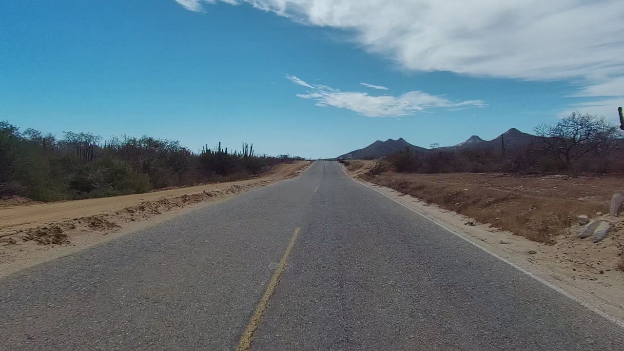 A paved road in East Cape Los Cabos, Baja California Sur runs through dry brush toward distant mountains, with tall cacti at the roadside and no visible people.
