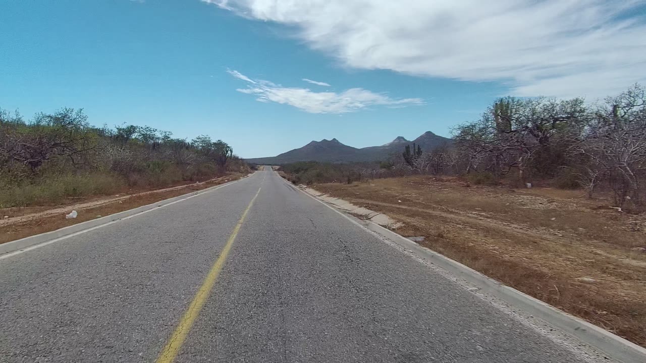 Straight road in East Cape Los Cabos, Mexico, bordered by dry brush and small trees with distant mountains under a blue sky, no visible people.