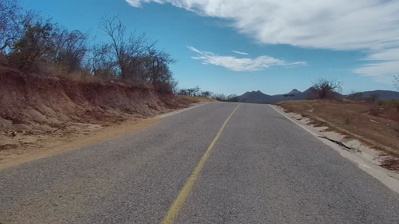 Empty paved road bordered by dry scrub and low desert banks