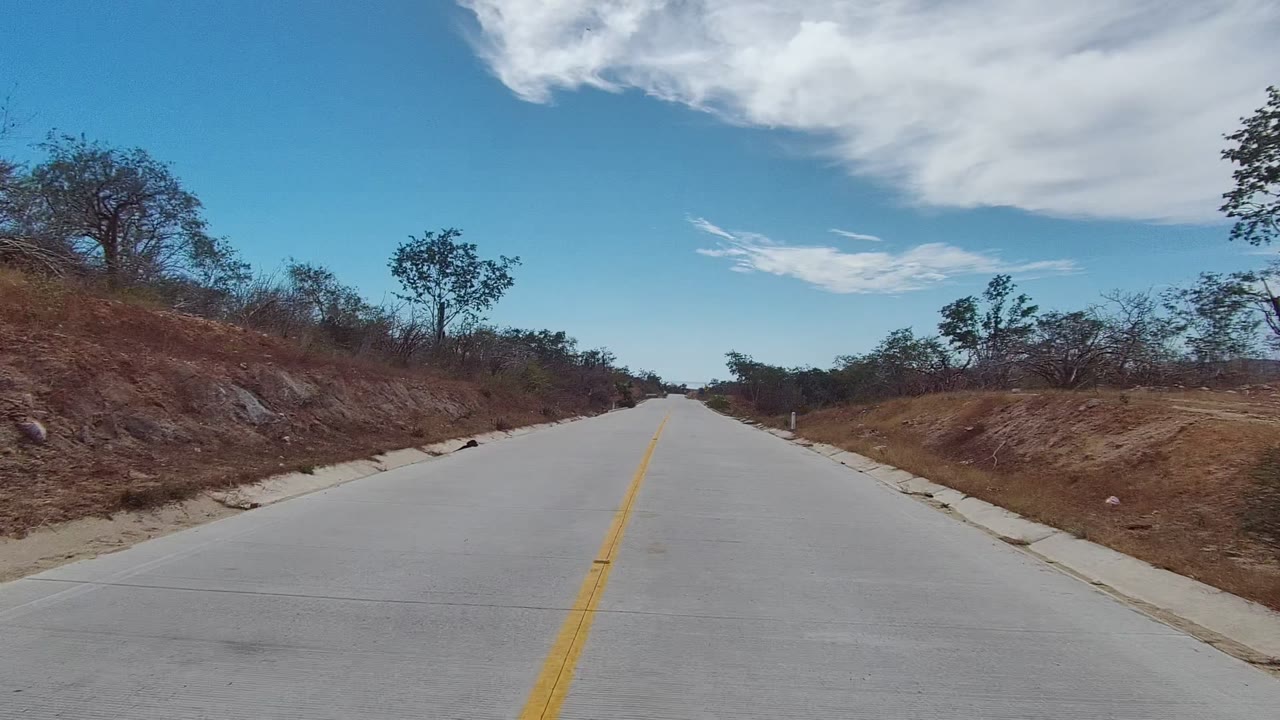 Road-level view passing a dry hillside with scattered shrubs