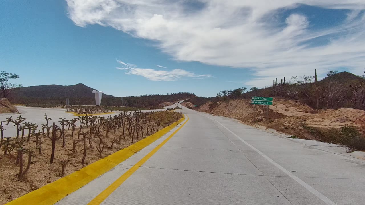 Road beside cactus landscaping with hills and white clouds in the distance.