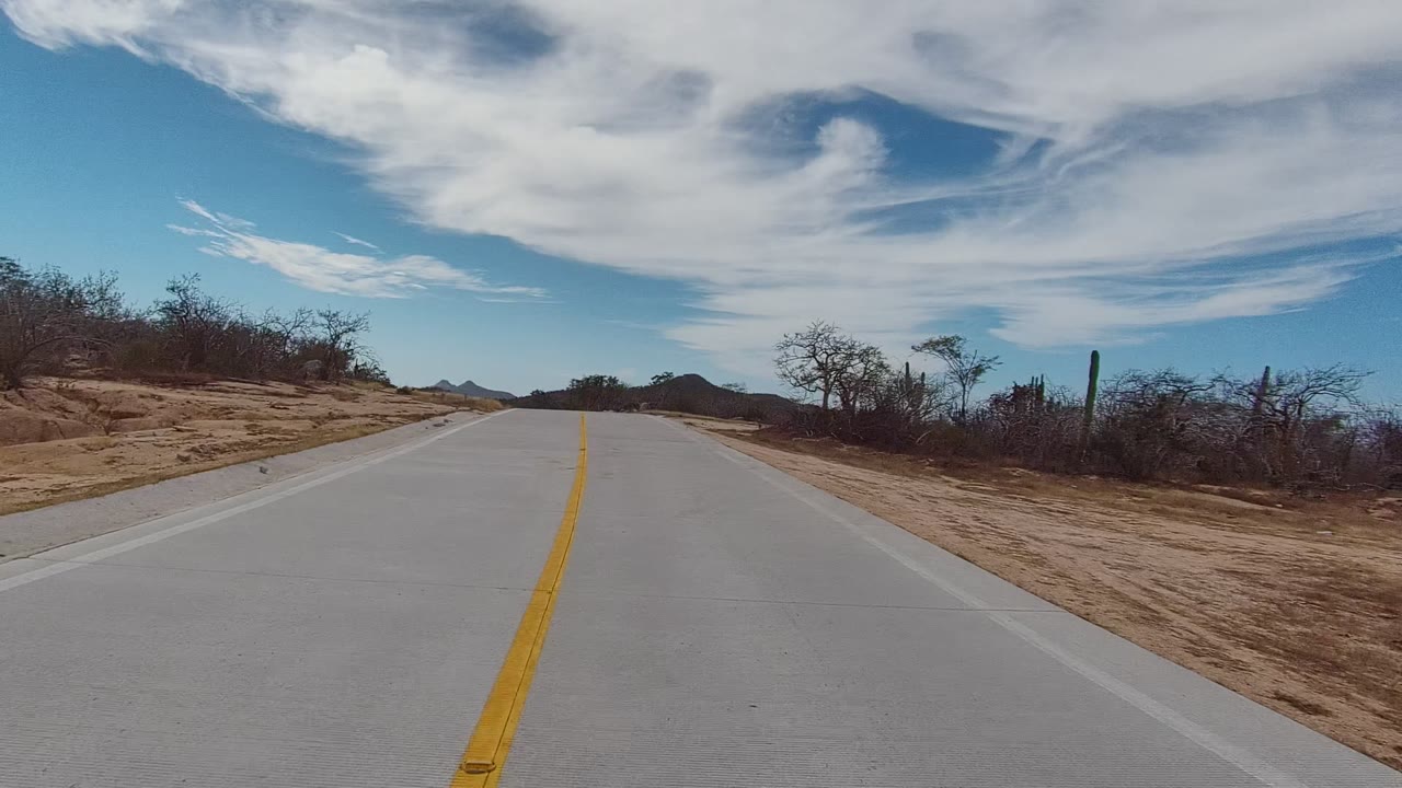 Straight paved road through sandy desert terrain with brush, cacti, and distant hills.