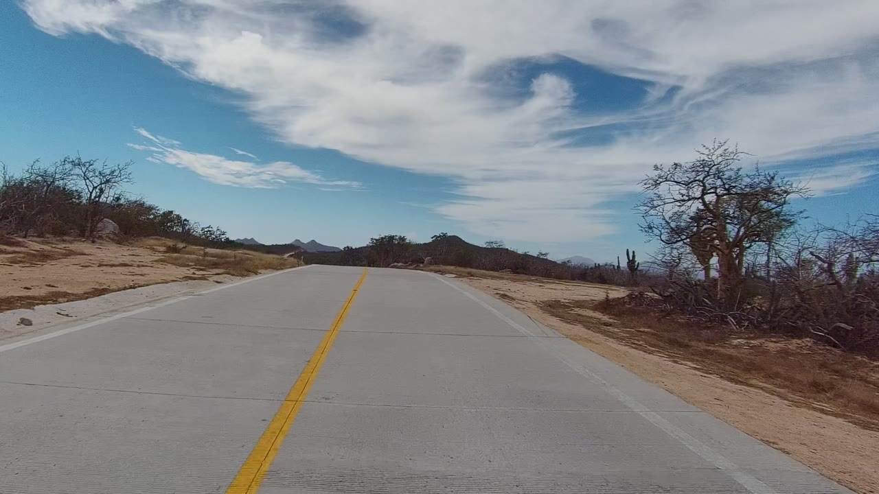 East Cape Los Cabos road view two seconds in, with the center line stretching toward low mountains, dry brush on both sides, a tall cactus near the right edge, and no visible people.