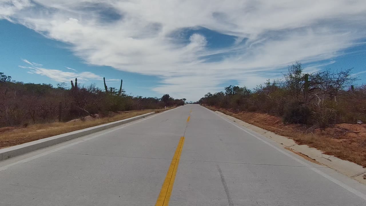 Forward-facing road frame in East Cape Los Cabos, Mexico, with the yellow line near center, raised road edge, cacti and scrubland beside the pavement, and no visible people.