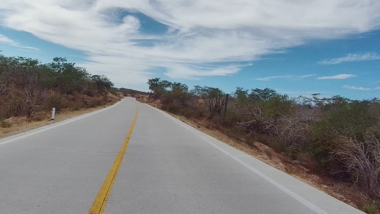 Paved road curves gently through arid brush with a roadside marker.