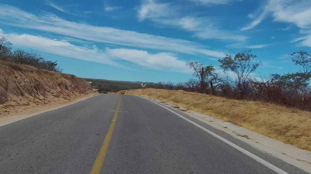A paved road in East Cape Los Cabos, Baja California Sur runs between dry grass shoulders and scrub trees under a blue sky, with no visible people.