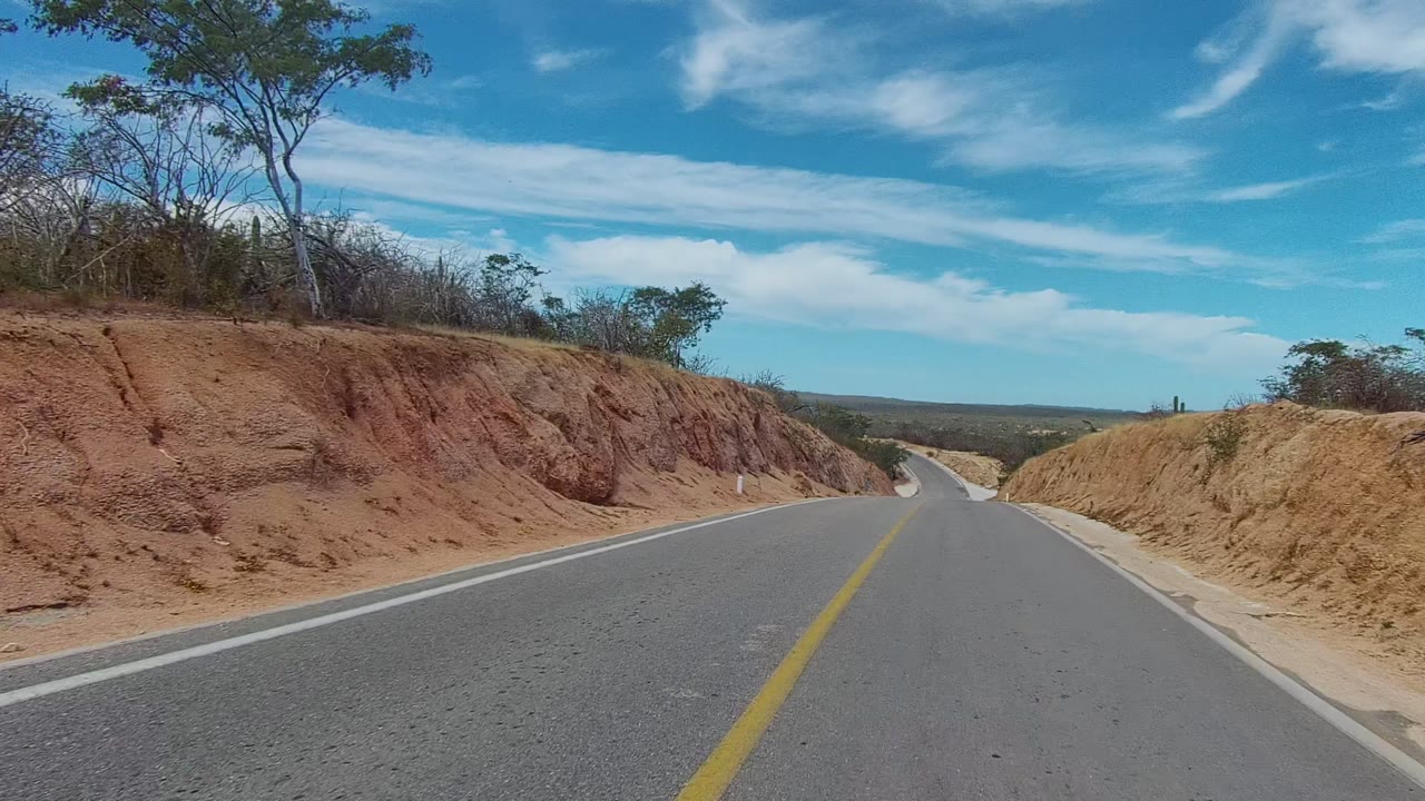 A paved road in East Cape Los Cabos runs between sandy eroded slopes with sparse shrubs and trees under a blue sky, with no visible people.