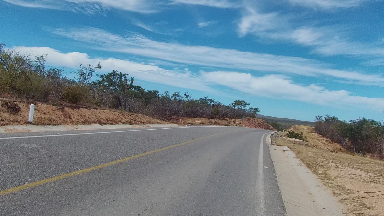 A paved road curves through an arid East Cape Los Cabos landscape with dry brush, low trees, distant cacti, and no visible people.