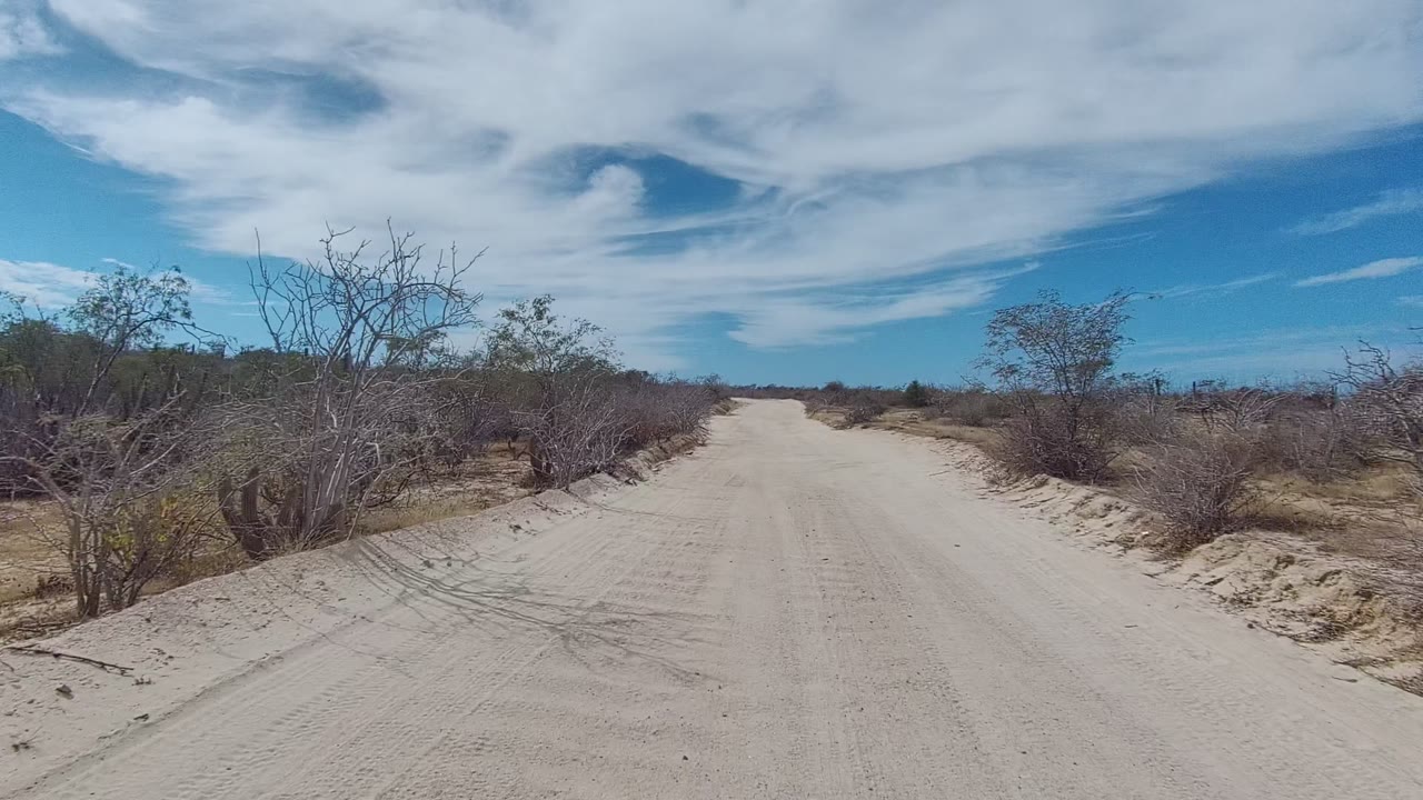 Sandy dirt road in East Cape Los Cabos runs ahead between dry scrub and roadside ruts under scattered clouds, with no visible people.