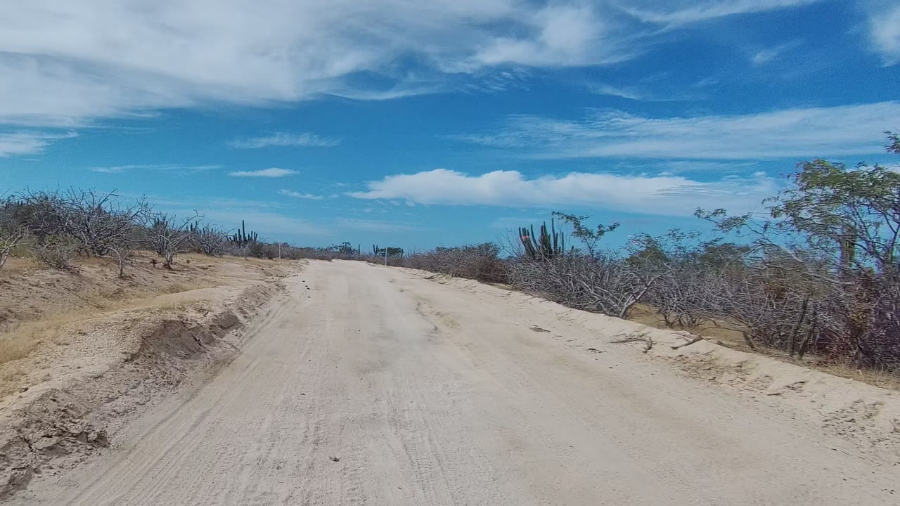 A sandy dirt road in East Cape Los Cabos, Baja California Sur passes dry shrubs and cacti under scattered white clouds, with no visible people.